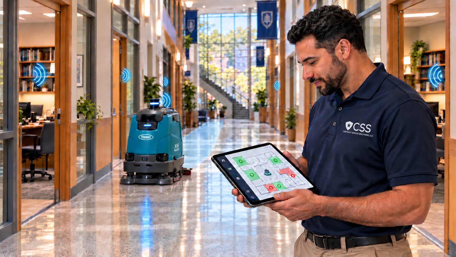 CSS team member checking a live floor map on a tablet while an autonomous scrubber cleans a campus hallway