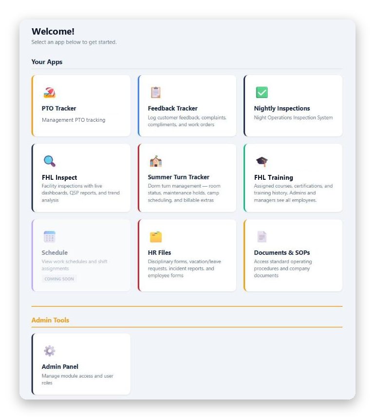 Facility Hub Live home screen listing its modules